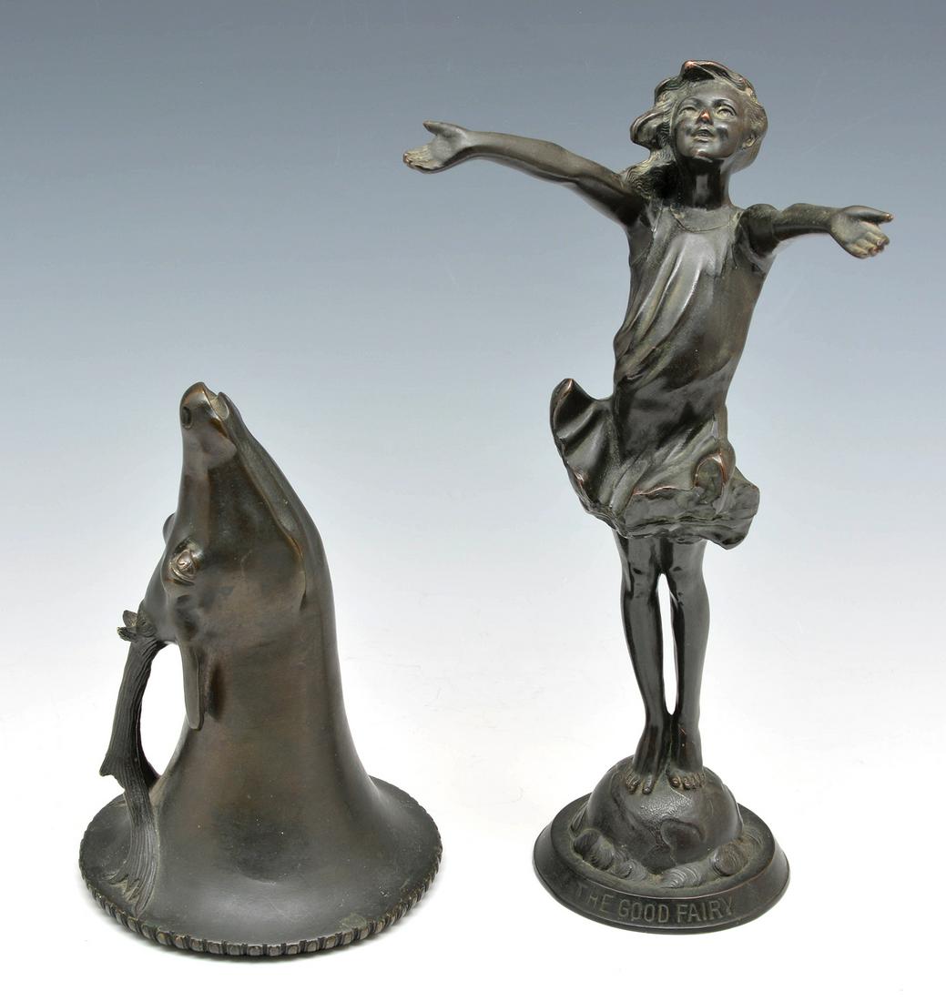 Grouping of 2 Bronzes: The Good Fairy & Deer Head Urn. (1 of 3)