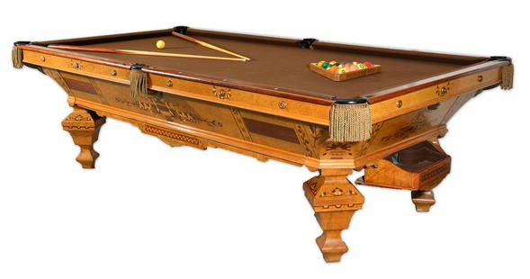 Brunswick "The Brilliant Novelty" Pool Table: Brunswick Balke Collender Co."Brilliant Novelty" Pool Table with fantastic inlay throughout. Monarch cushions, rosewood rails, leather pockets complete with ball return, balls, 9 cues, and 1 bridge. 3