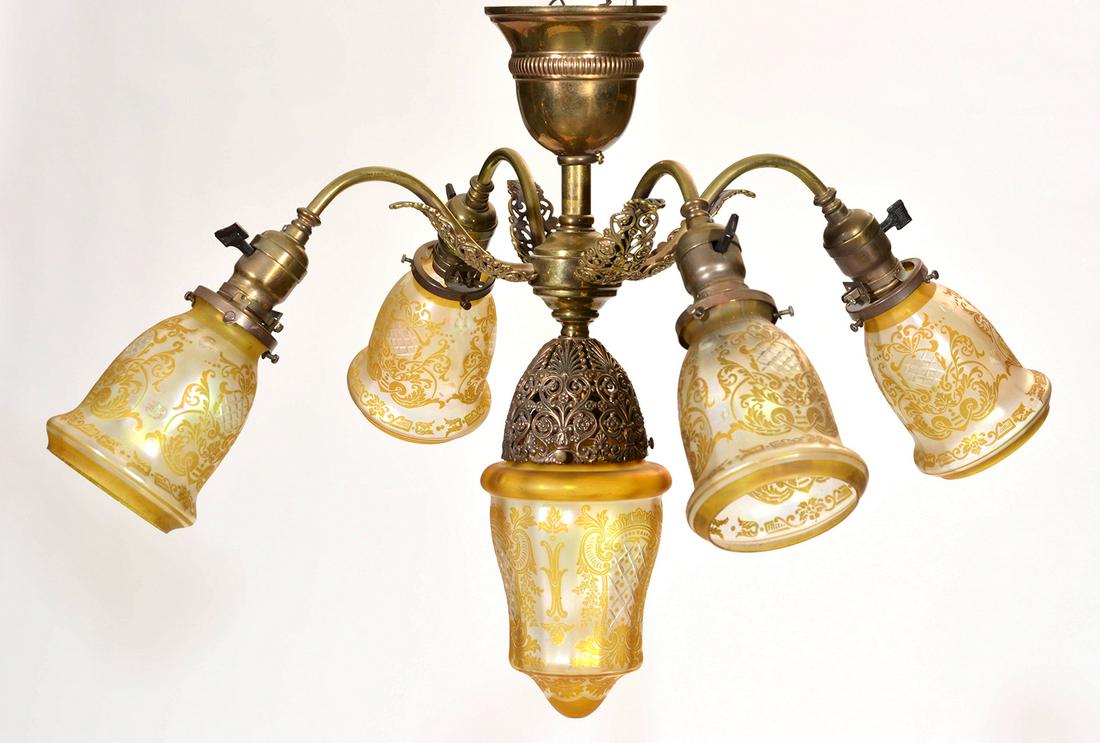 Brass Openwork 5 Lite Chandelier, Gold Etched Shades (1 of 3)