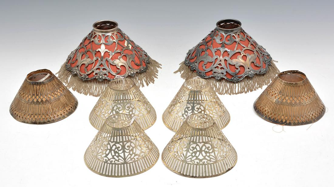 Lot of 8 Shades. 4 Shreve & Co Sterling Silver: Lot of 8 Shades. 2 Fancy Shreve & Co Sterling Silver with beads, 8" diameter; 2 Shreve & Co Sterling Silver, 5 1/2" diameter and 4 unmarked, 5 1/2" diameter.