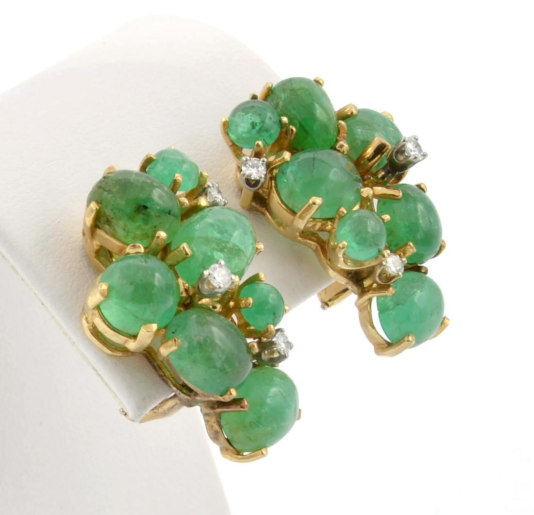 18K Gold Cabochon Emerald & Diamond Earrings. (1 of 3)