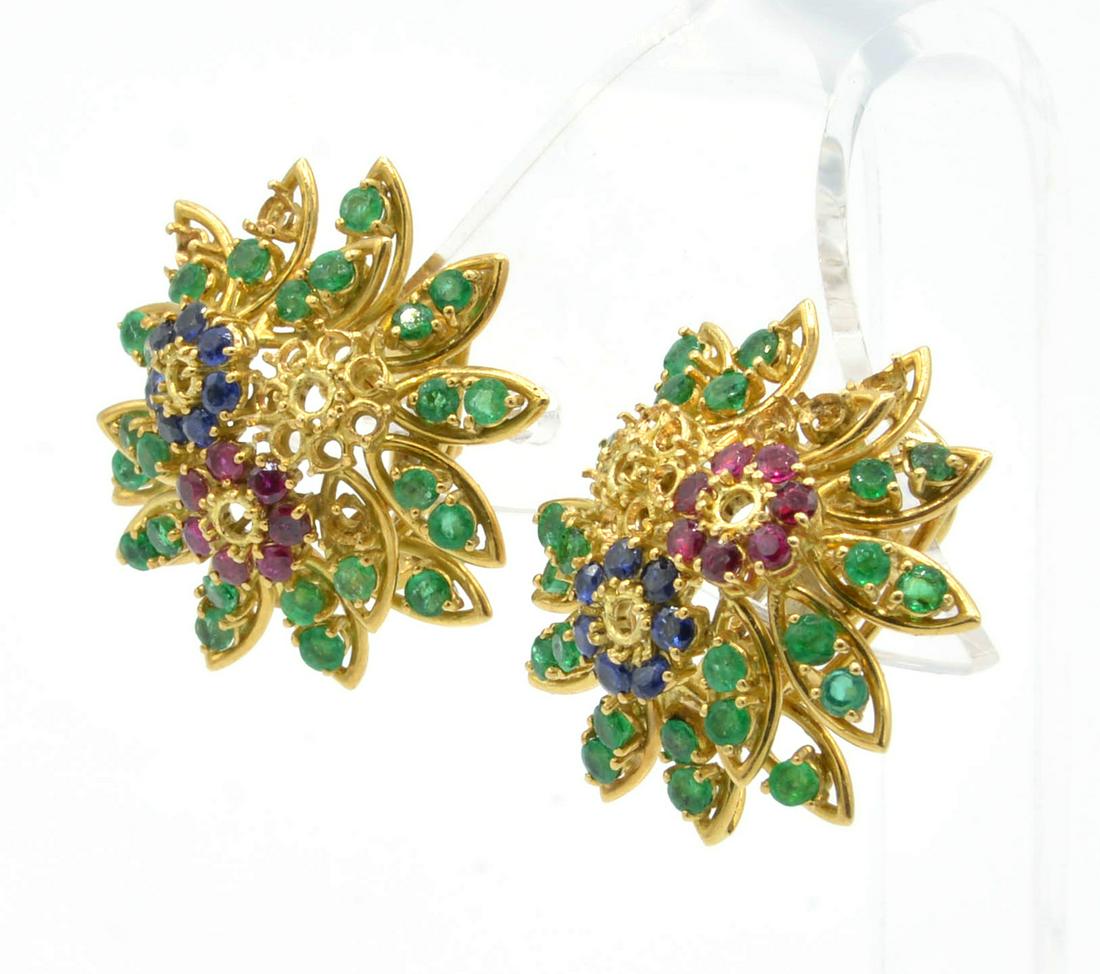 18K David Webb Earrings, Emerald, Ruby & Sapphire (1 of 4)