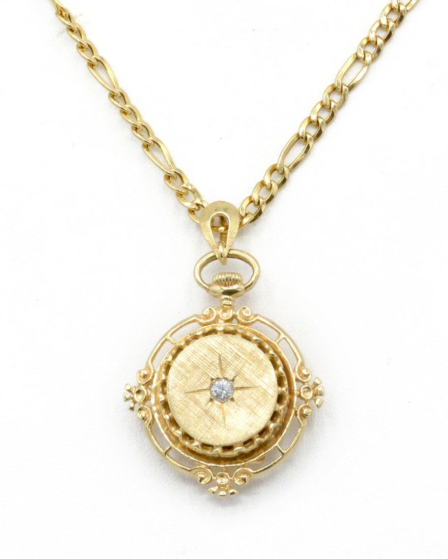14k Yellow gold diamond locket watch on chain (1 of 4)