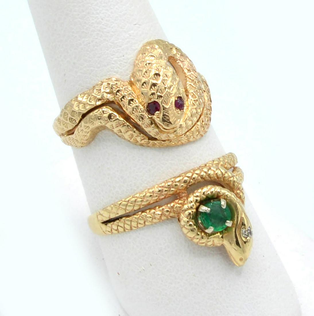 Lot (2) 14k snake rings; ruby, diamond, tourmaline (1 of 5)