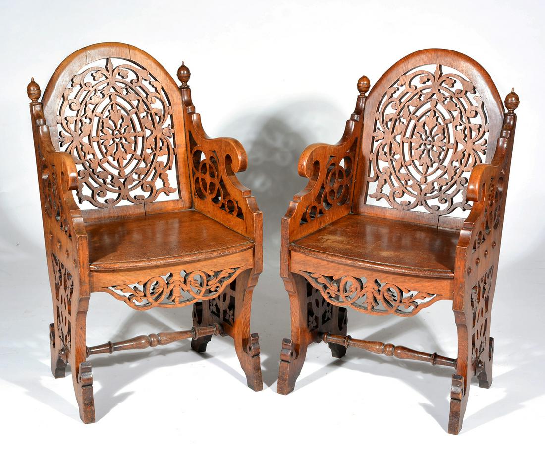 Pair English Through Carved Oak Armchairs (1 of 5)