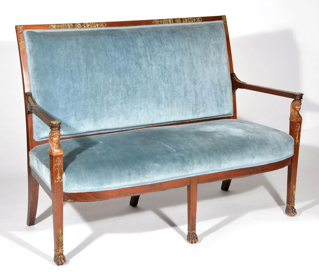 French Settee with bronze ormolu and figural mounts.: French Settee with bronze ormolu and figural mounts. Upholstered seat and back. 39 3/4"t x 59"w x 27"d. Good condition.