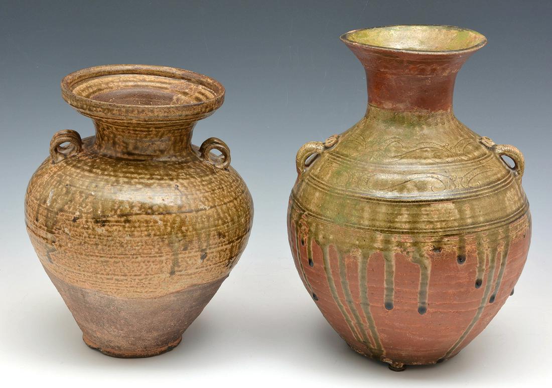 (2) Asian flare top urns in brown drip glaze (1 of 4)