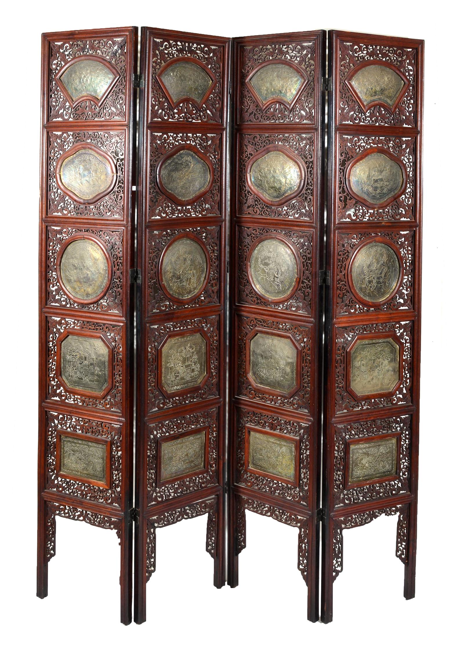 4 Panel Chinese Screen with decorated brass panels (1 of 3)