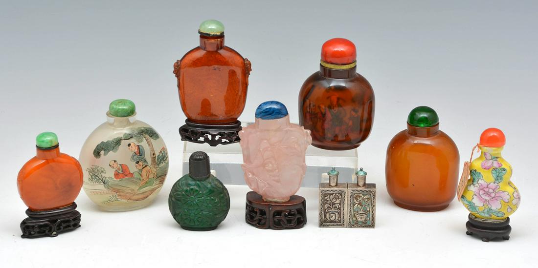 Grouping of Nine Chinese Snuff Bottles. Tallest 3 5/8". (1 of 2)