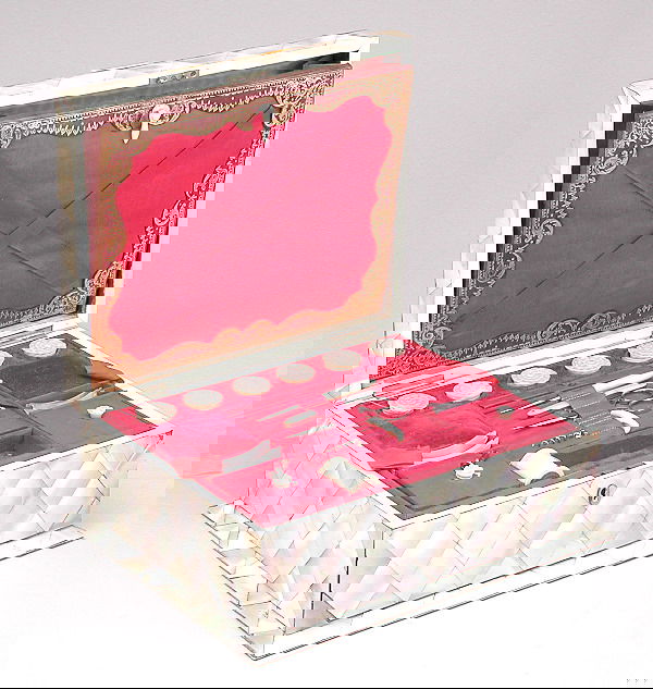 Mother of Pearl Sewing Box & Implements: SEWING BOX. Mother of Pearl mosaic covered English sewing box 4.5" x 11" x 9.25" with fitted interior and sewing implements, mother of pearl silk winders, spool tops, pin cushions, and needle cases. E