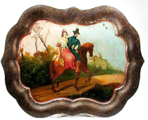 Tole Painted Tray: TRAY Tole painted tray of a couple in Regency dress, the woman riding sidesaddle behind the gentleman, 26 .5" x 19.5" Knife marks and some paint loss