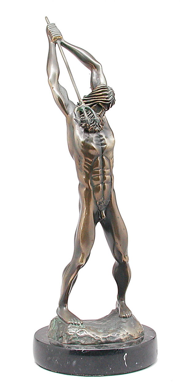 Bronze Neptune by Tom Bennett: BRONZE. Tom Bennett bronze sculpture of Neptune holding a trident aloft, signed, dated and numbered Tom Bennett 74, 45/100. 11" including marble plinth. Very good original condition.