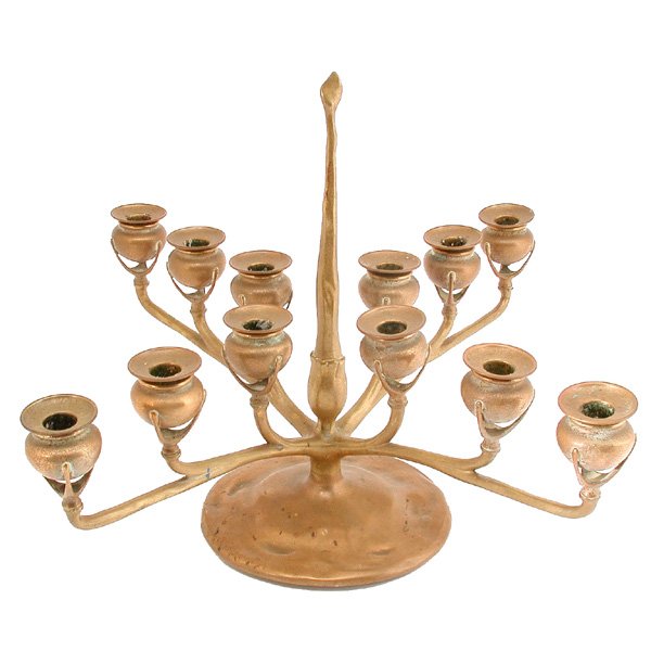 Tiffany Studios N.Y. Gold Dore Candelabra: CANDELABRA. Tiffany Studios gold dore candelabra, hand wrought and resembling a tree form, the shaped circular base supports four opposing arms, each with three, three pronged supports holding a vase