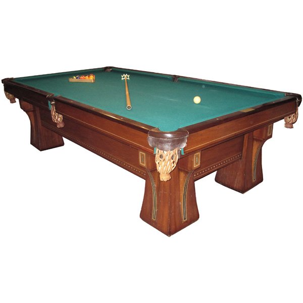 Brunswick Balke Collander Arcade Pool Table: POOL TABLE. Brunswick-Balke-Collender Co. "Arcade" Pool Table with multiwood, ebonized, abalone and mother of pearl inlay, including cues, cue rack, balls, counters and pool light. 9' l.