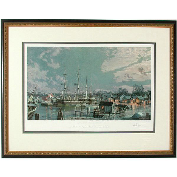 John Stobart Print, Mystic Seaport, Connecticut: PRINT. John Stobart, Mystic Seaport, the Charles W. Morgan at Chubbs Wharf by Moonlight, color lithograph, pencil signed and numbered in the margin, 2891/6141, good condition, 19 1/2" x 29 1/4" viewed