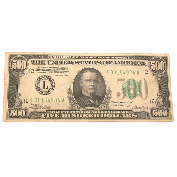 U.S. $500.00 Bill, Series Of 1934: BILL. U.S. $500.00 dollar bill, series of 1934, good condition.