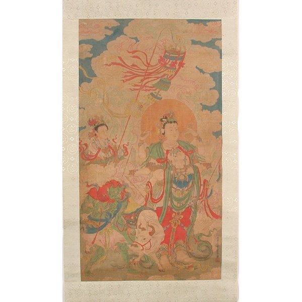 Chinese Scroll W Buddhist Deities: SCROLL. Chinese scroll painting with finely detailed Buddhist deities, good condition, image size 48" x 26".