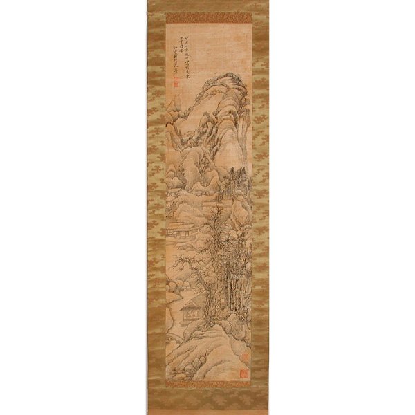Chinese Painted Scroll, Mountains, Attrib. Wang Hu: SCROLL. Fine Chinese scroll painting on silk, simple houses nestled in a steep mountain range with an open pavilion amidst trees below, calligraphy and two stamps upper left, two stamps lower right, a