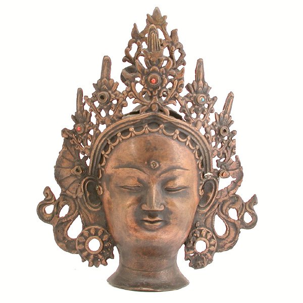 Bronze Bust Of Tara: BUST. Bronze bust of Tara with elaborate openwork headdress, probably Tibetan or Nepalese, good condition, 12" w x 14 1/4" t.