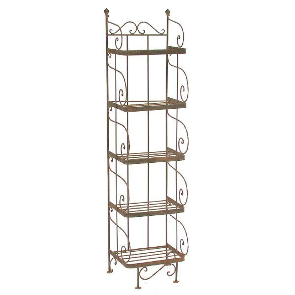 Wrought Iron Bakers Rack: RACK. Continental wrought iron bakers' rack of petite size with five shelves made of rods supported by large, scrolled supports, good condition, 14" w x 12" d x 59" t.