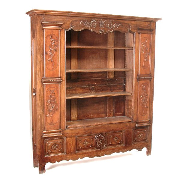 French Provincial Wall Cabinet, 18th. & 19th. C: CABINET. Unusual French provincial wall cabinet made up of 18th. and 19th. century components, the narrow case opens on each end to a tall locking cabinet, the front is set with four shelves widely fr