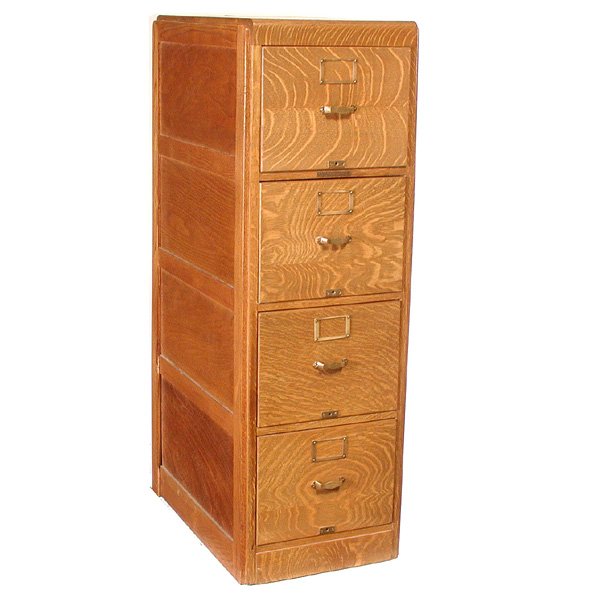 Liberty Bureau 4 Drawer Oak Filing Cabinet: FILING CABINET. Liberty Bureau four drawer oak filing cabinet, original hardware, good condition, 17" w x 27" d x 52" t.