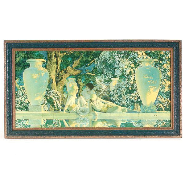 Maxfield Parrish Print, Garden Of Allah, Orig. Fram: PRINT. Maxfield Parrish, Garden of Allah, color lithograph, in original frame, original lithograph 1918, good condition, 14 1/2" x 29 1/2" viewed.