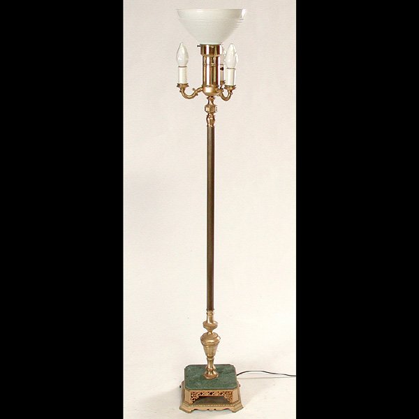 Brass Floor Lamp, Marble Base: LAMP. Brass floor lamp set with three "candle" lights and a central glass shade set on a green marble base, good condition, 60" t.