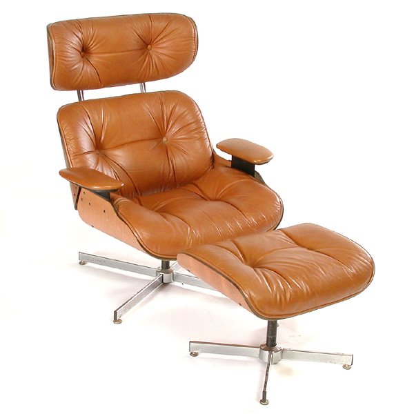 Eames Style Lounge Chair & Ottoman, By Selig: LOUNGE. Eames style lounge chair and ottoman with walnut veneer and tufted caramel colored Naugahyde, an early example made by Selig circa 1975, good condition, chair 31 1/2" w x 32" d x 39" t, ottoma