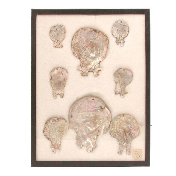 8 Native American Abalone Utensils: SHELLWORK. Eight carved abalone shell utensils, Native American, cut to hold a handle. good condition, largest 4 1/2" x 5 1/2".