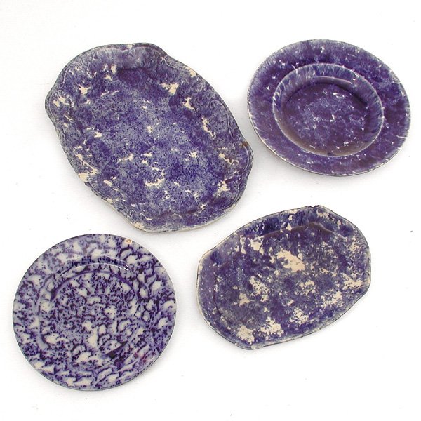 4 Pcs. Blue Stoneware; Platters, Bowl, Plate: LOT. Four pieces of blue spongeware, two matching shaped oval platters, a bowl and a plate, good condition, minor loss to rim, largest 13 1/4" w.