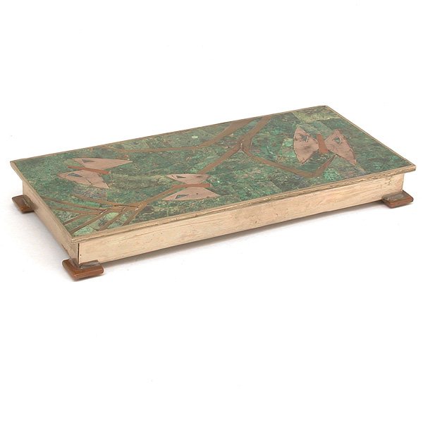 Mexican Silver, Malachite, Multi-metal Cigarette B: CIGARETTE BOX. Mexican silver cigarette box lined with rosewood, the lid of malachite and multi-metal forming a picture of butterflies perched on a branch, set on square copper feet, made by Los Casti