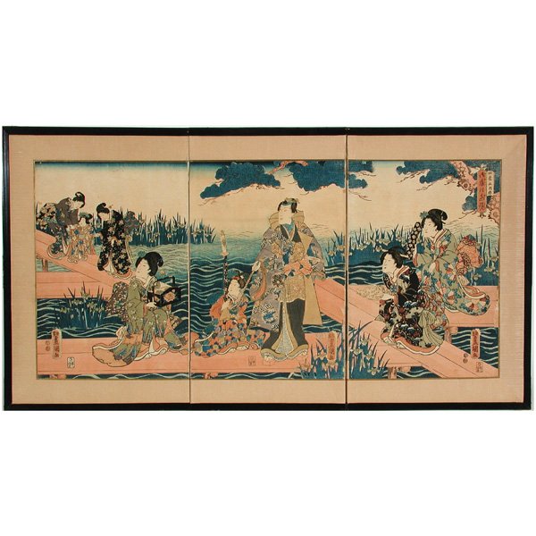 Japanese Woodblock Print, Triptych, 4 Seasons: PRINT. Japanese woodblock print from the "Four Seasons" series titled "Spring", showing a group of women and children beside an iris filled pond, signed Toyokuni ga, (Utagawa Kunisada) and dated 1847-