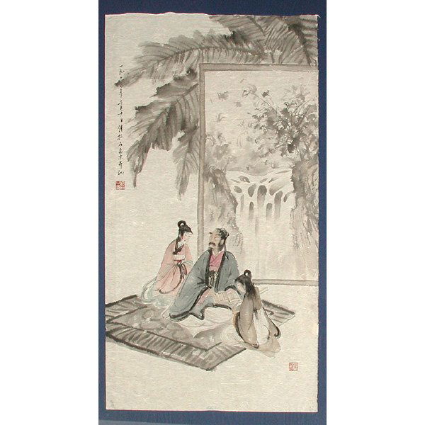 Chinese Painting, Scholarly Party, Attrib F Baosh: PAINTING. Scholar and Lady Attendants, framed, ink and color on paper, inscribed and signed "Fu Baoshi" (1904-1965), with two seals of the artist, good condition, 48" x 24 1/2".