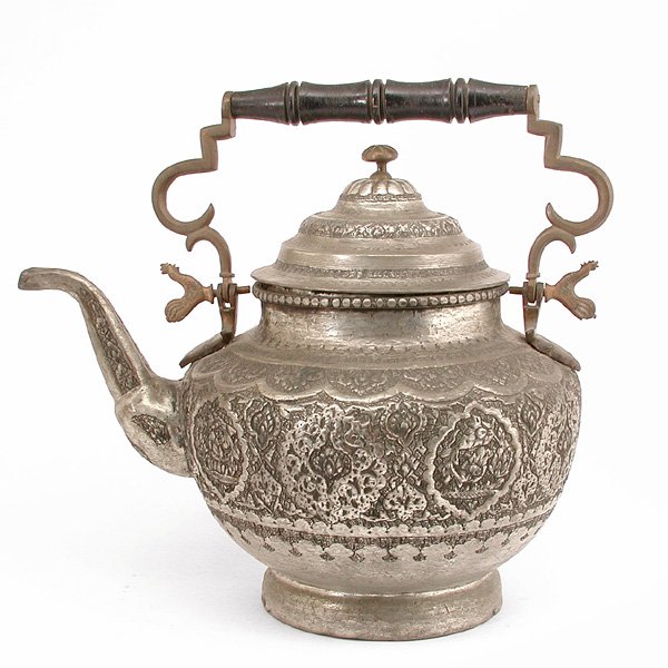 Lg. Turkish Silvered Copper Teapot: TEAPOT. Large Turkish silvered copper teapot, the majority of the pot repoussed in Middle Eastern designs, good condition, 18" t.