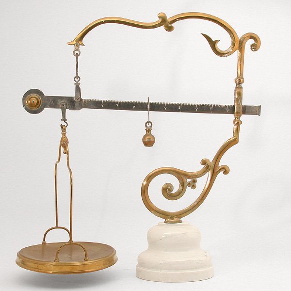 Continental Brass & Marble Scale: SCALE. Attractive continental brass and marble scale, the weighing plate and weight measure held by an elegantly scrolled support set in a white marble base, good condition, very minor loss to base, 2