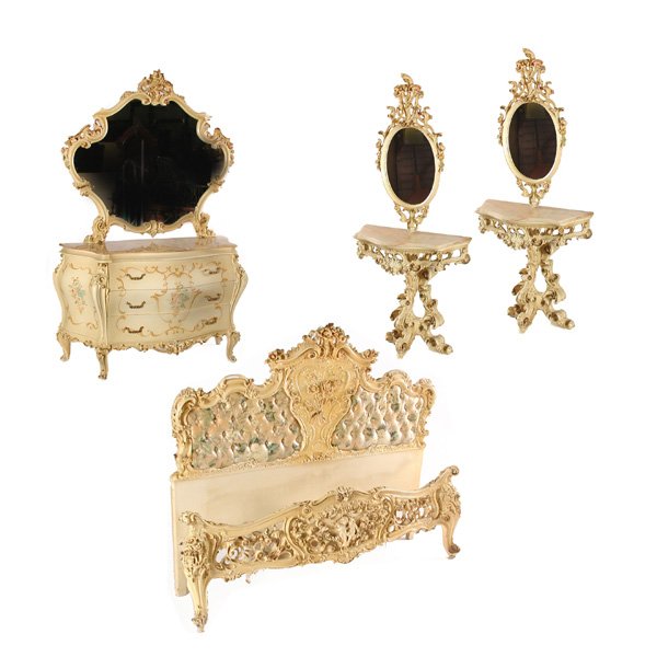 Italian Rococo Style Painted Bdrm. Set, 9 Pcs.: BEDROOM SUITE. Italian rococo style painted bedroom set, highly carved with putti and florals, consisting of; mirror topped bombe chest of drawers, two oval mirrors, two console, marble top end tables