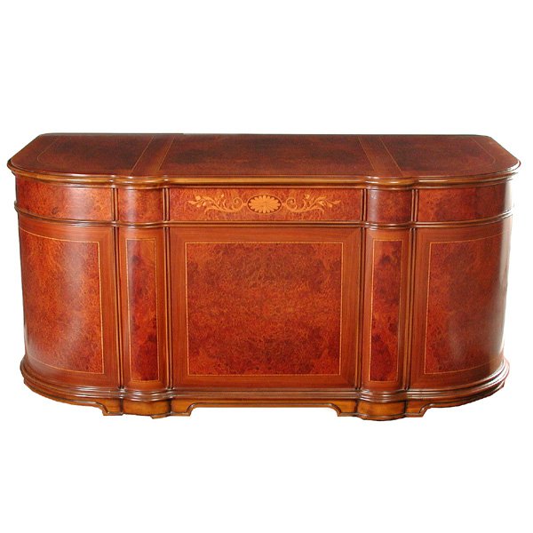 Modern Italian Inlaid Desk & Chair By Dubini: DESK. Modern Italian Inlaid desk and chair by Dubini, the flat front desk with rounded corners and curved back, the surface inlaid and set with burlwood panels, the matching chair with a sleek, shaped