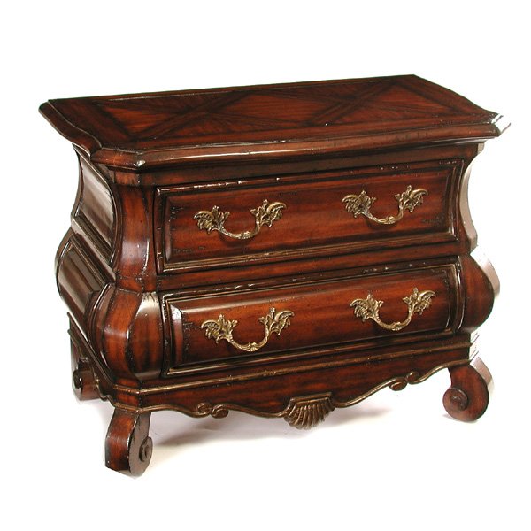 Marge Carson "Bordeaux" Nightstand: NIGHTSTAND. Marge Carson nightstand from the "Bordeaux" collection, the bombe frame with two long drawers and paneled top, the whole set on scrolled feet, very good original condition, 45" w x 25 1/4"