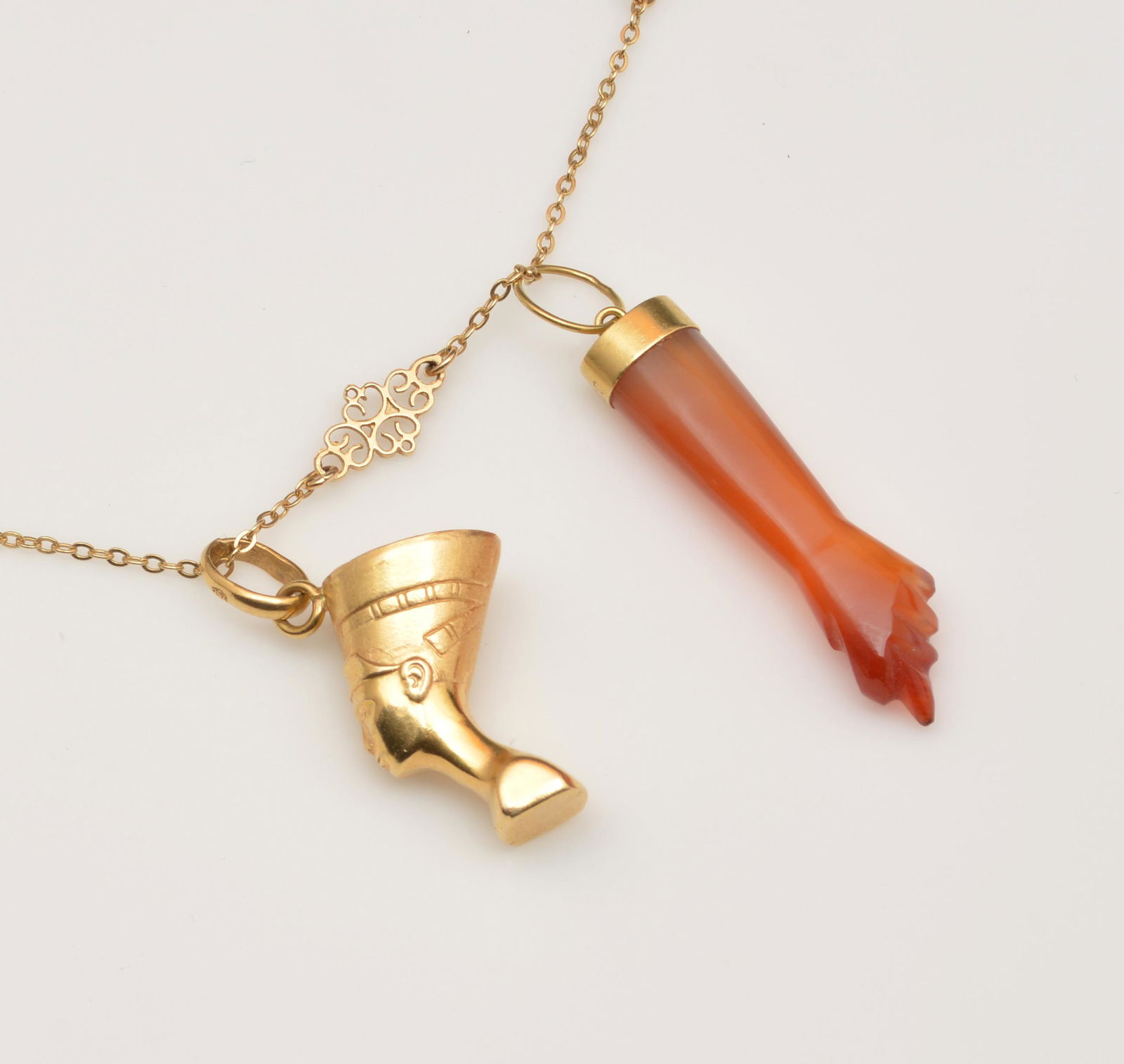 Necklace with 14kyg Nefertiti & carnelian arm charm (1 of 3)
