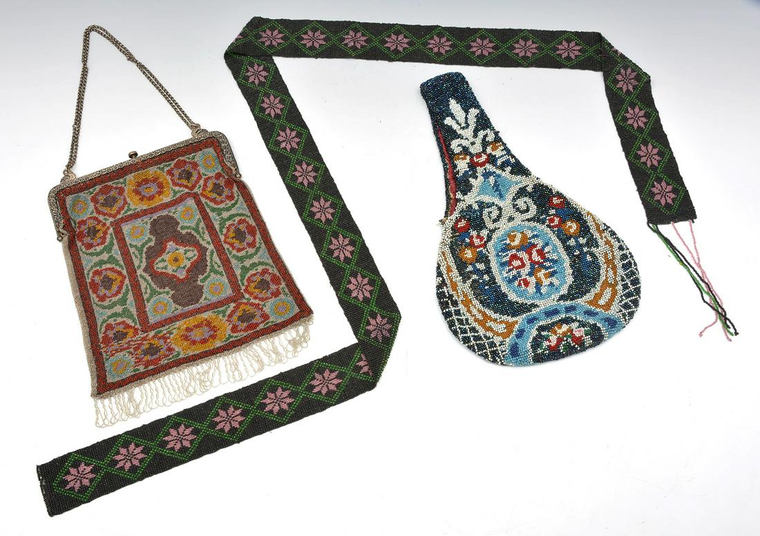 2 beaded purses and a beaded belt/sash: 2 beaded purses and a beaded belt/sash, purses measure 12 1/2" t & 9 3/4" t; belt/sash measures 52" l, in good condition.