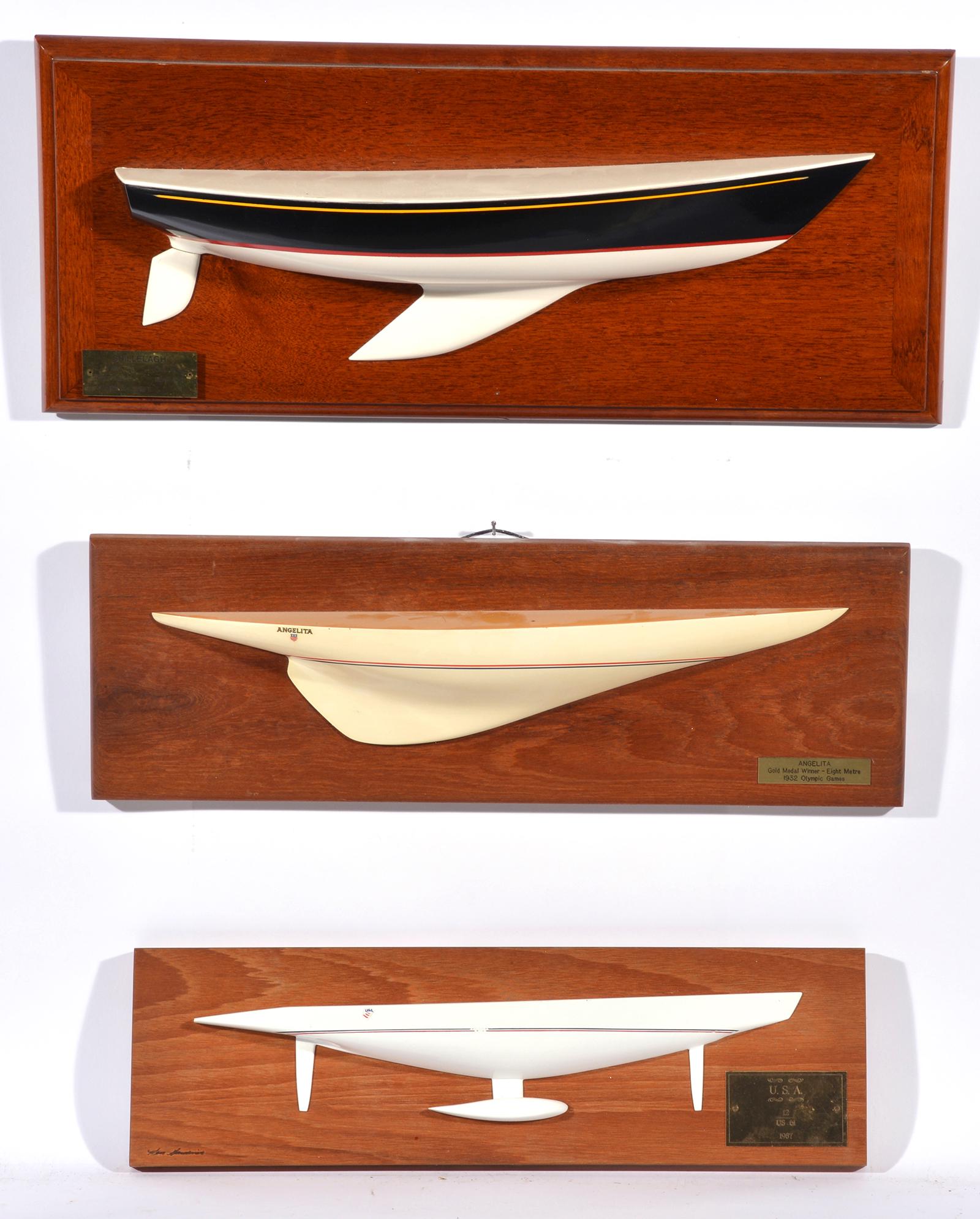 3 half-hull ship models: Shillelagh, Angelita, USA: Grouping of three half-hull ship models to include: the Shillelagh, signed verso "Borg"; the Angelita, Gold Metal Winter 1932 Olympics; and the USA 1987, signed "Ken Gardiner" lower left. Largest hull