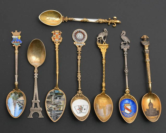 8 Silver Souvenir Spoons, France, Spain, Monaco