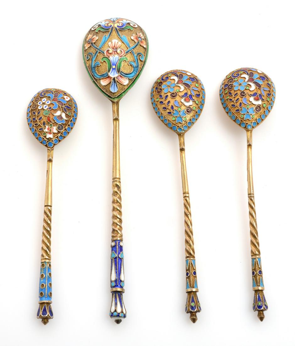 Grouping of four Russian silver and enamel spoons (1 of 3)