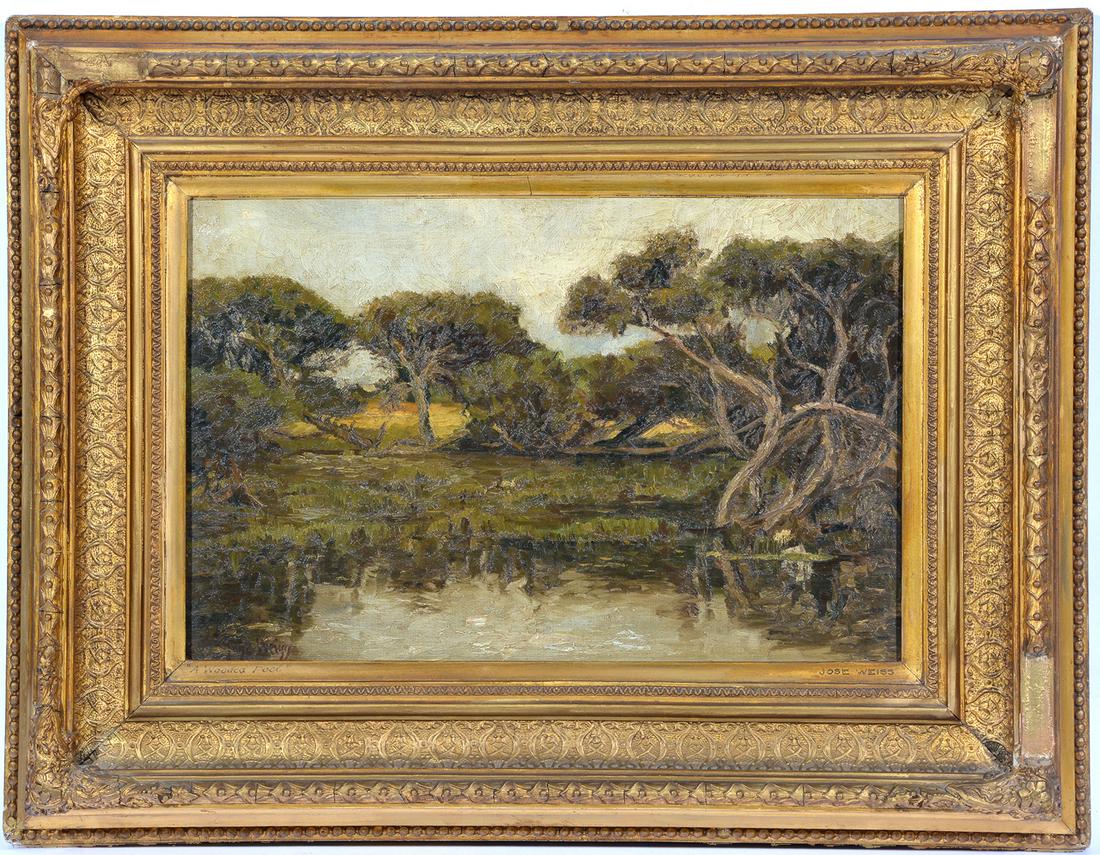 Jose Weiss, "A Wooded Pool," oil on canvas: Jose Weiss (1859-1919), "A Wooded Pool," oil on canvas, signed lower left, titled and signed on slip, 12" x 18", frame size: 19 3/4" x 25 3/4", in very good condition (frame losses as shown).