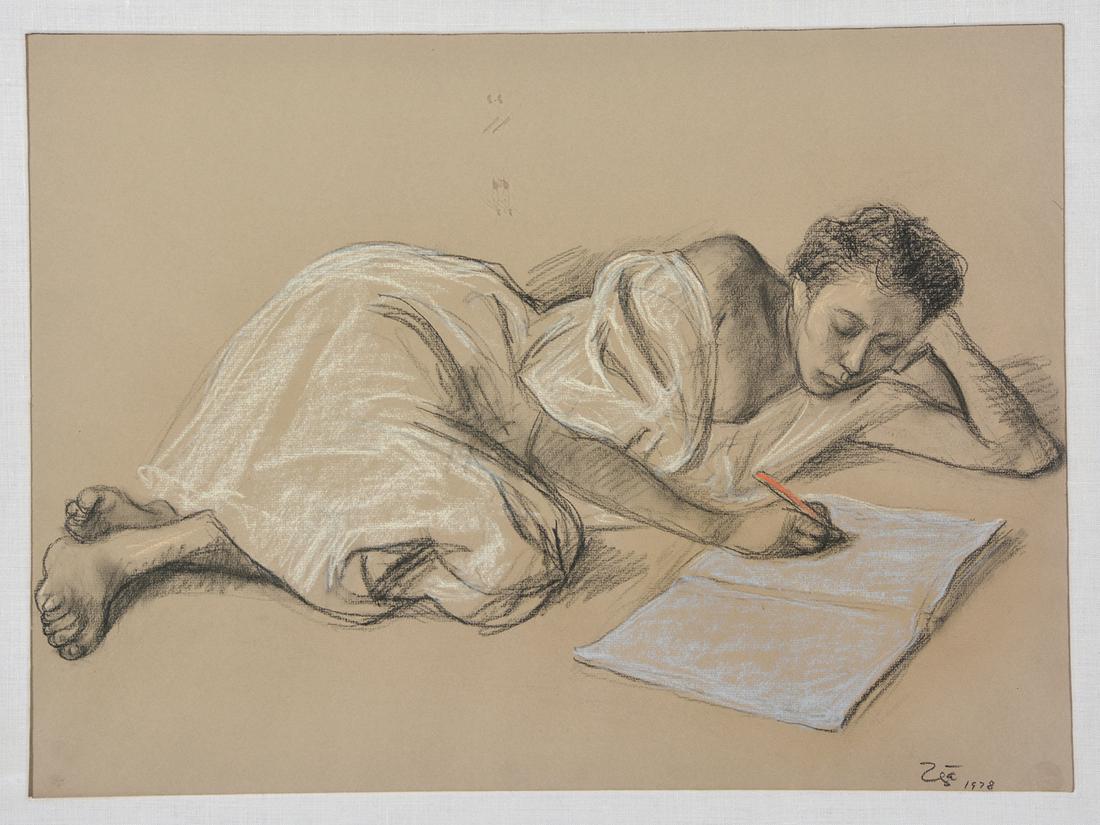 Francisco Zuniga, "Reclining Woman", 1978: Francisco Zuniga (Mexican, 1912-1998), "Reclining Woman", 1978, charcoal and pastel on paper, signed and dated lower right, embossed artist's stamp lower right. 18" x 24" viewed, frame size 26" x 32 1