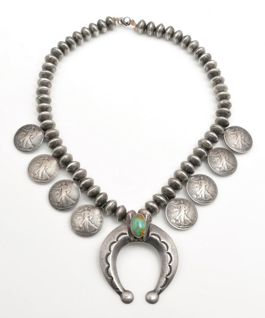 Squash blossom necklace with Liberty coins & turquoise (1 of 3)