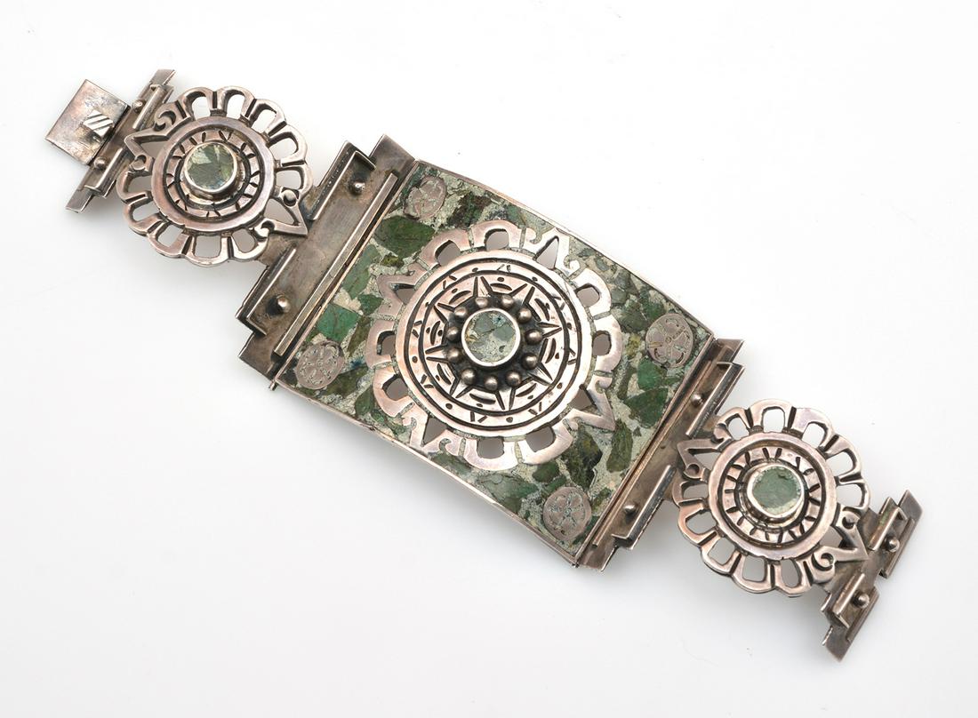 Stylized Aztec bracelet, sterling w/ inlay, signed (1 of 5)