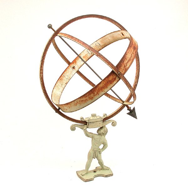 Iron Armillary Sphere Held By Hercules: SPHERE. Iron Armillary Sphere held up by Hercules with a nice rusty patina, overall height 26 1/2" h., sphere 17 1/2" d.