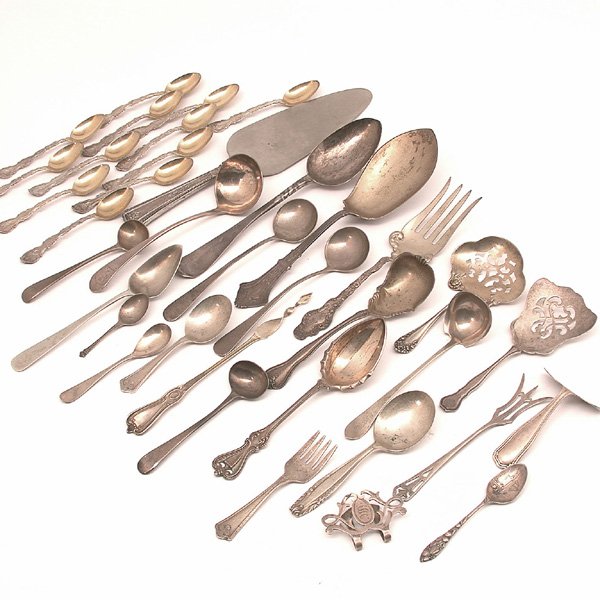 Silver; Sterling Serving Pcs, English & Continenta: LOT. Silver lot; sterling, coin, English & Continental including a twelve piece sterling demitasse set, two English sterling jam spoons, five engraved Continental silver spoons with Lord and deer, eig